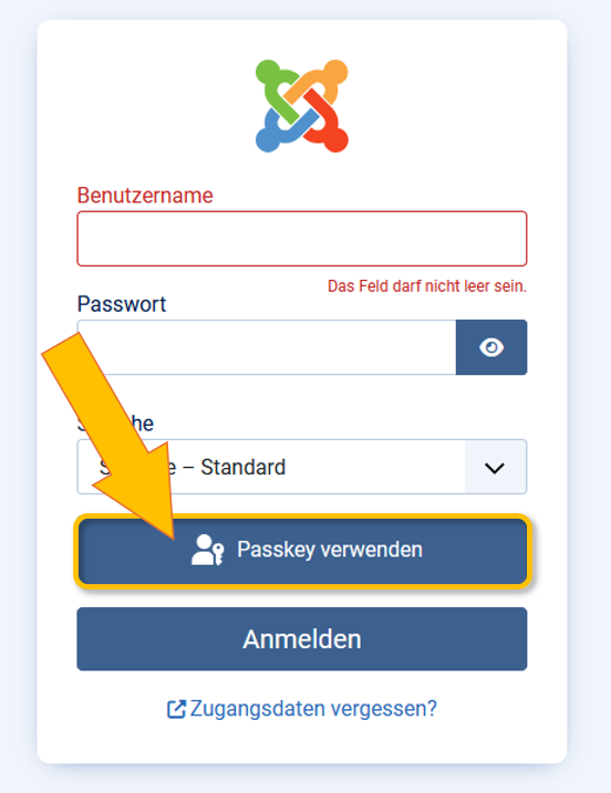 Joomla Login Bildschirm mit aktiviertem Passkey Button