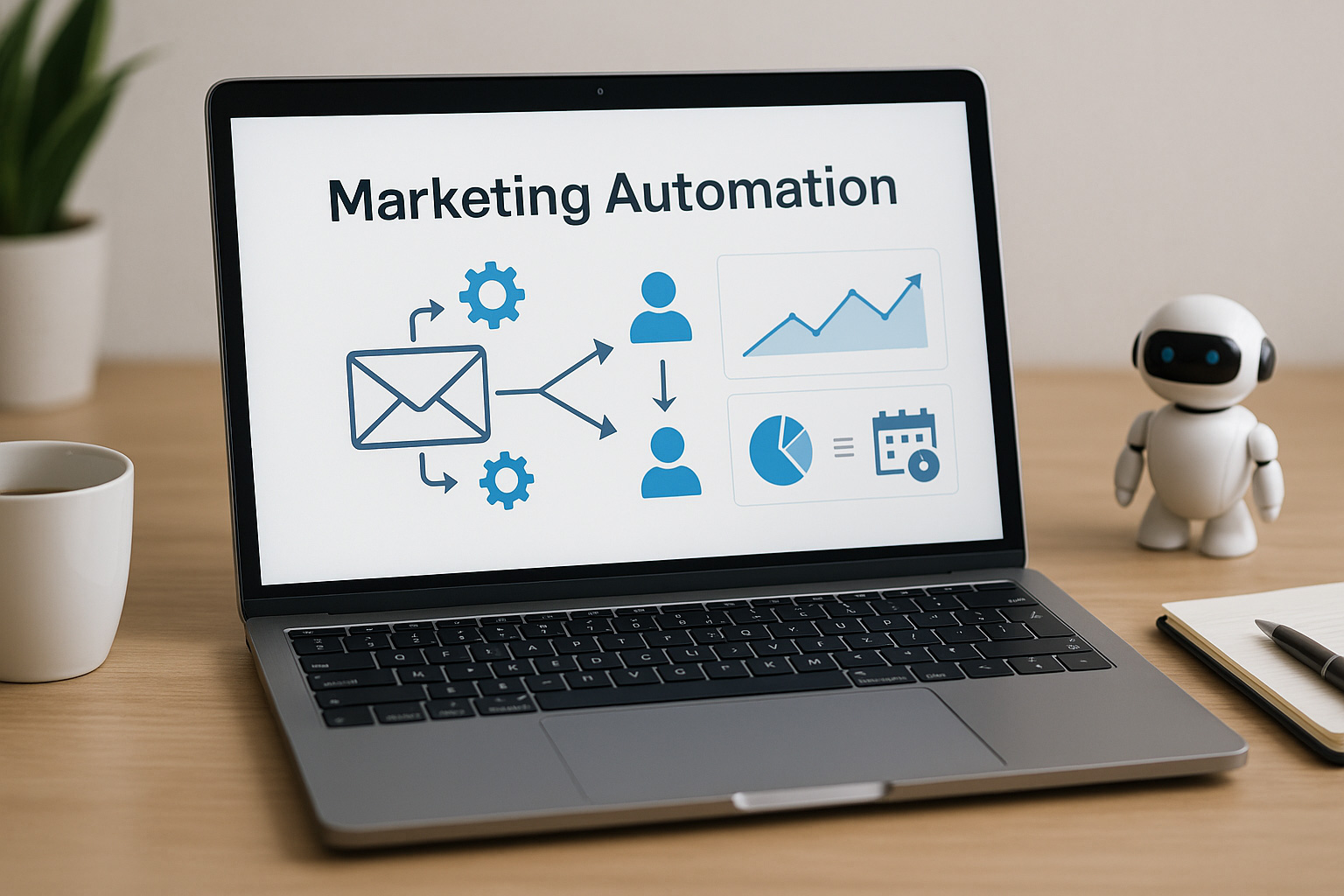 Marketing-Automation - Roboter neben einenm Laptop