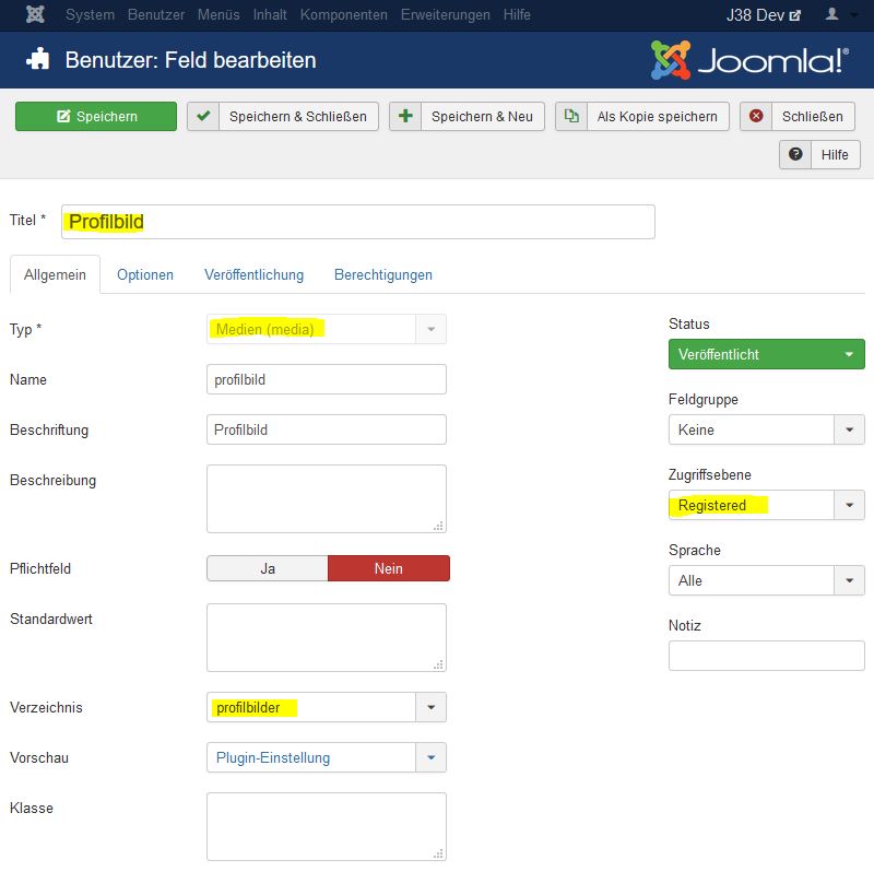 Feld Profilbild in Joomla