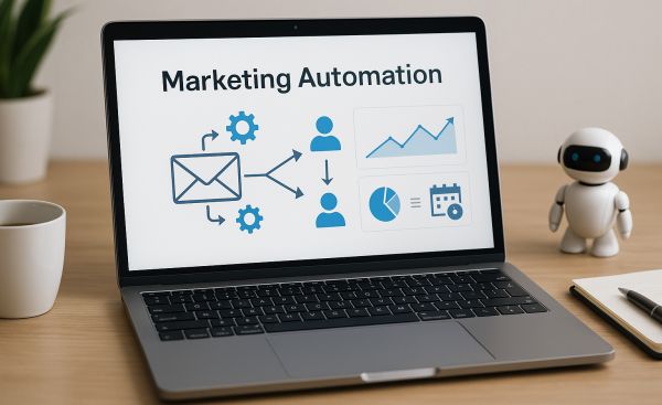 Marketing-Automation - Roboter neben einenm Laptop